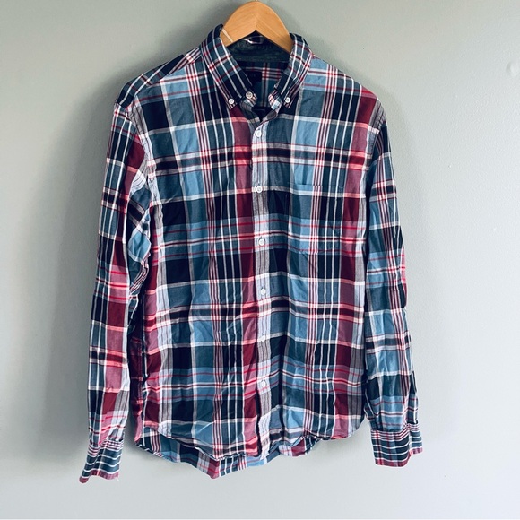 J Crew men’s medium button down shirt plaid red blue - Picture 1 of 4